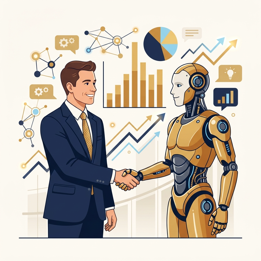 AI coaching — businessperson collaborating with an AI assistant surrounded by data visualizations